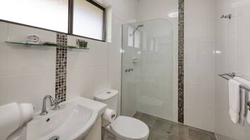 A modern bathroom with a glass-enclosed shower, a white sink, and a toilet.
