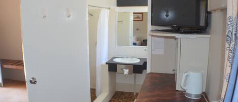 A bathroom with a sink, mirror, shower, and a television mounted on the wall.