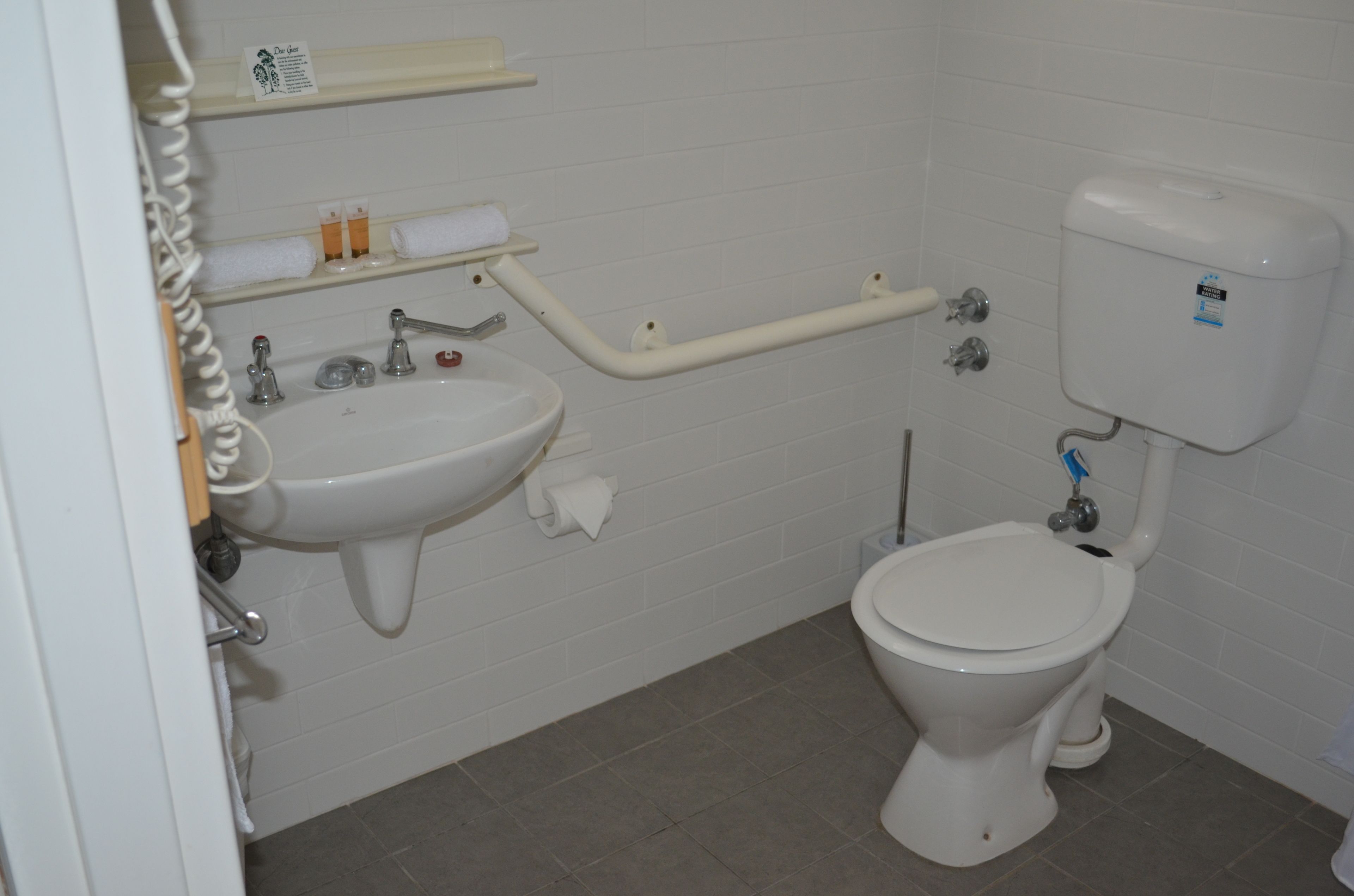 Een kleine, schone badkamer met een wastafel, toilet en een handgreep.
