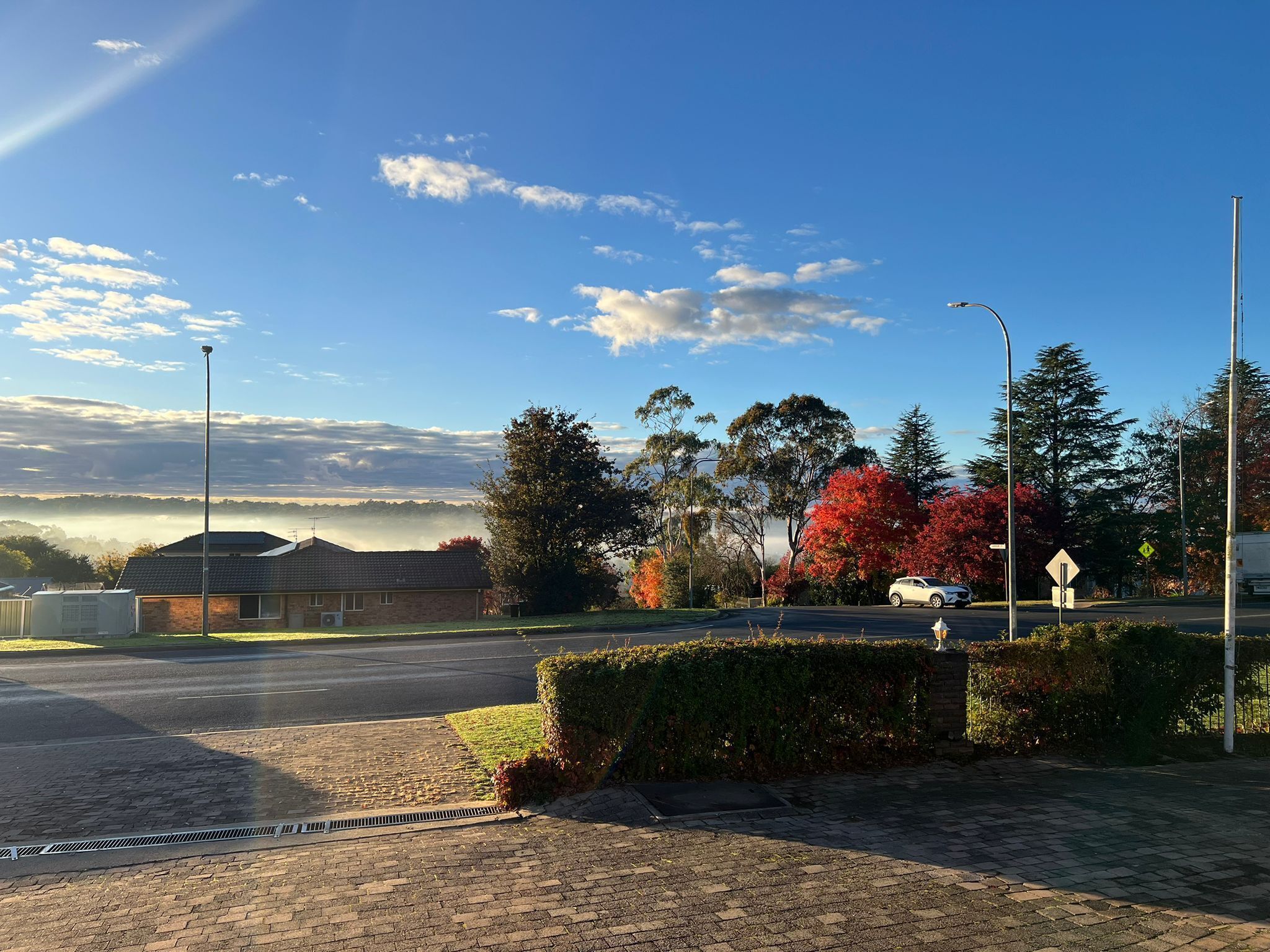 A residential street with houses, a road, and a clear sky.