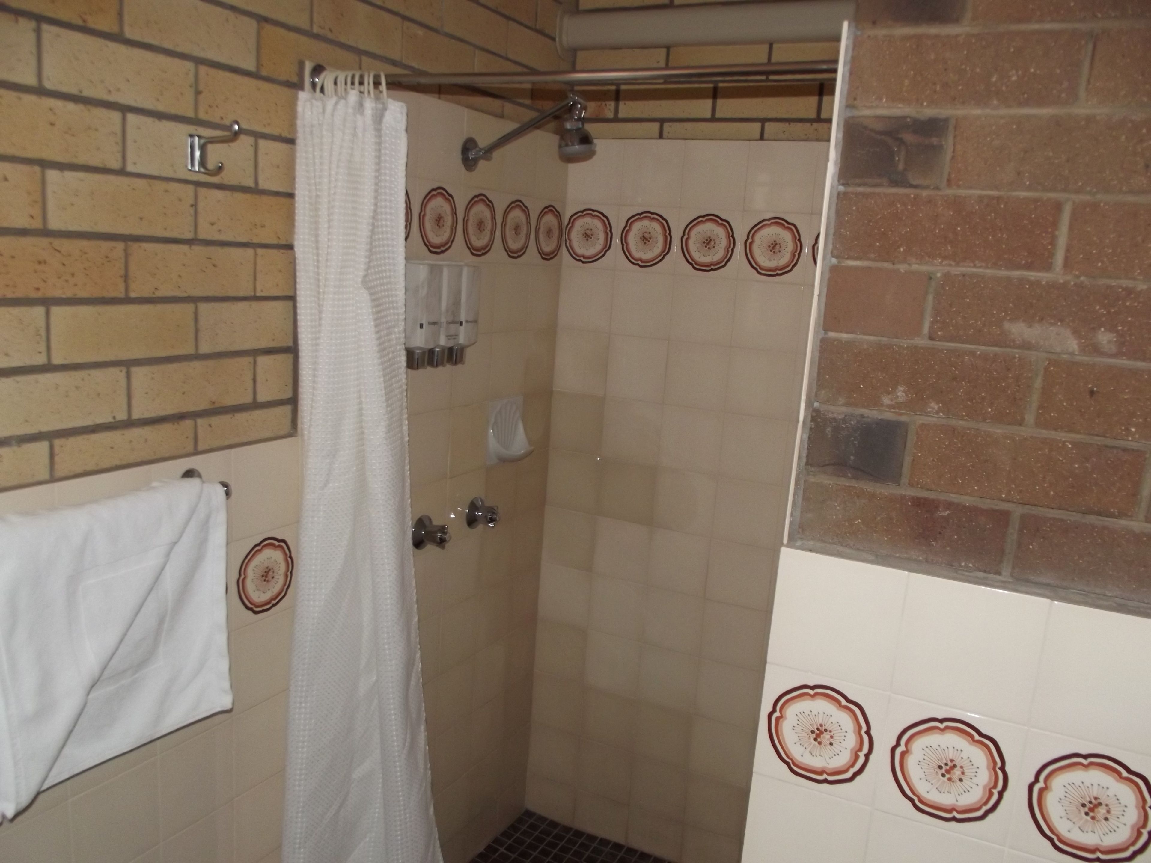 Une salle de bain avec une douche, un porte-serviettes et des carreaux décoratifs.