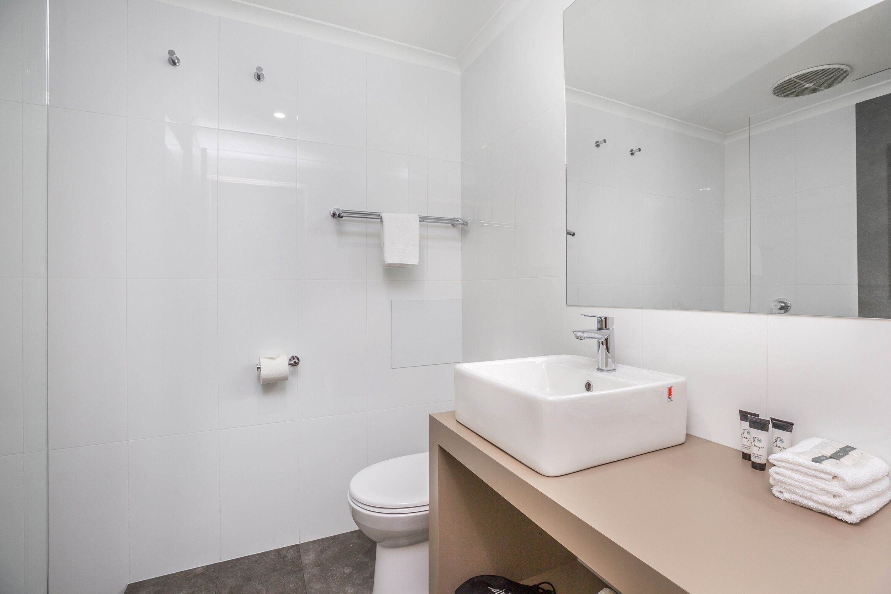 Ein modernes Badezimmer mit Waschbecken, Toilette und Dusche in Weiß. Ein Handtuchhalter und ein Spiegel befinden sich über dem Waschbecken.
