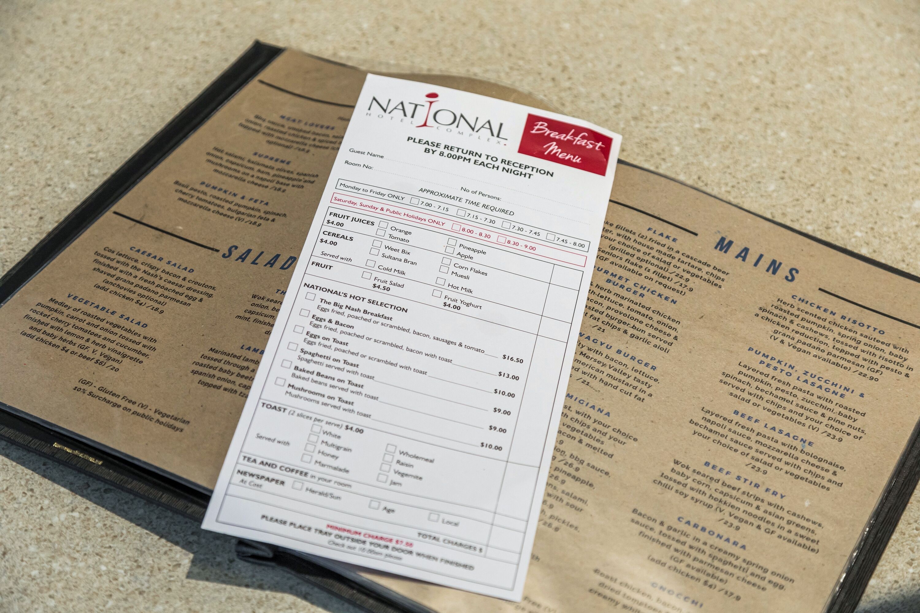 A breakfast menu at a restaurant.