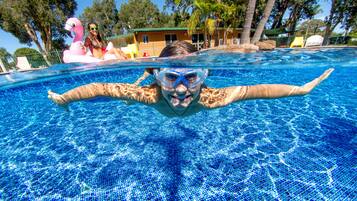 Outdoor pool, pool umbrellas, pool loungers