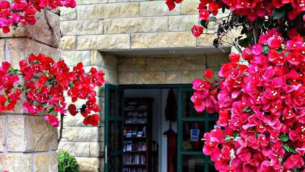 A stone building with a green door, surrounded by red flowers and a green hedge. - Cambridge Mews (Cambridge)