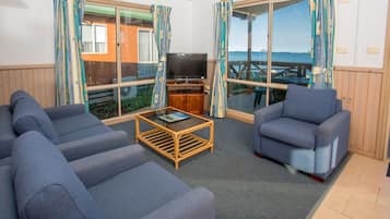 Televisión de pantalla plana, reproductor de DVD, mesa de ping pong