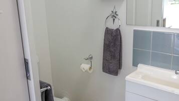 Une salle de bain avec des toilettes, un lavabo et un miroir.