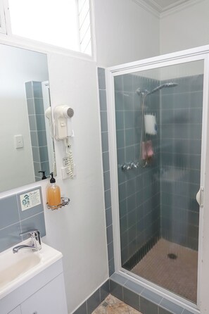 Shower, hair dryer, towels