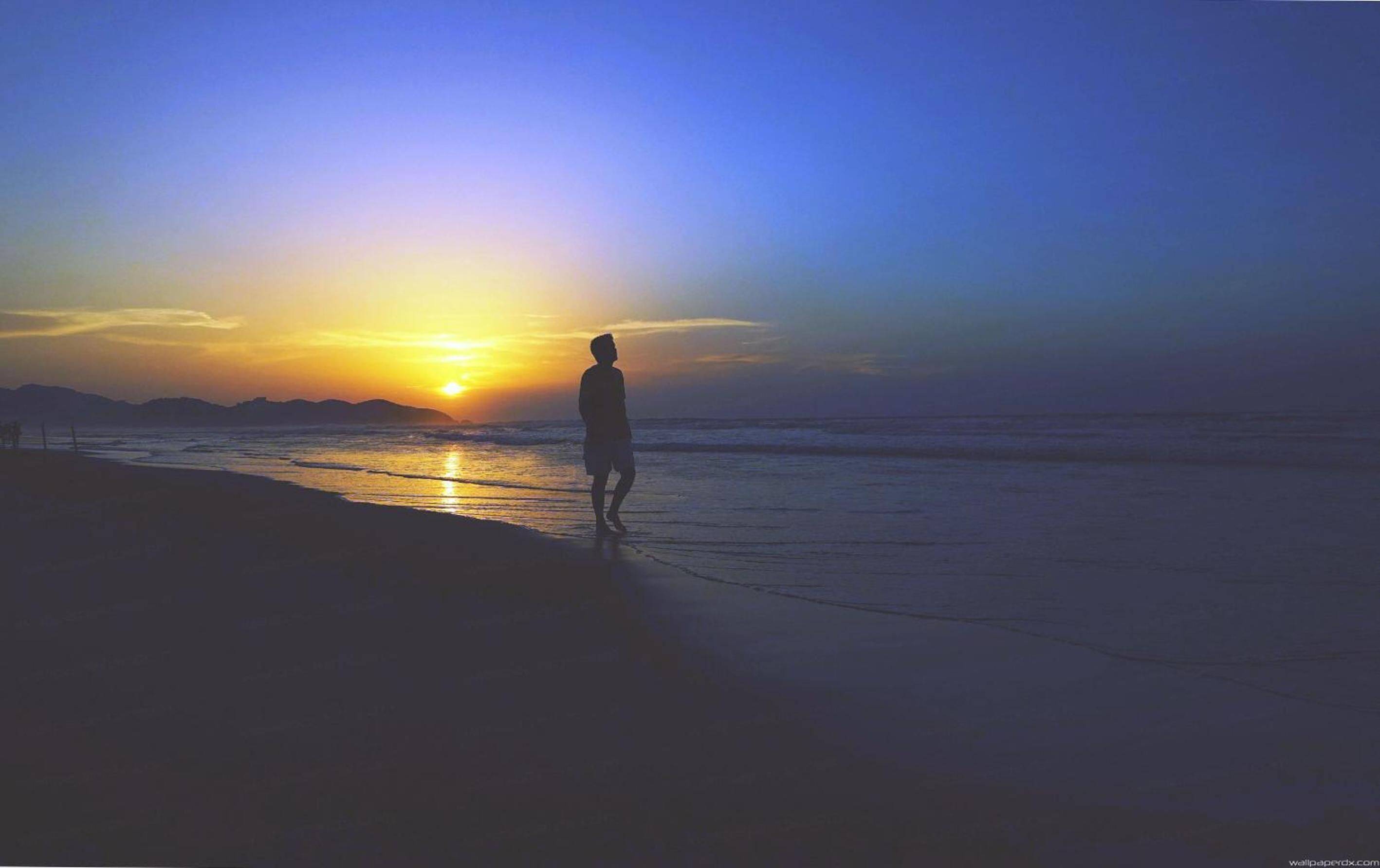 A silhouette of a person standing on a beach at sunset.