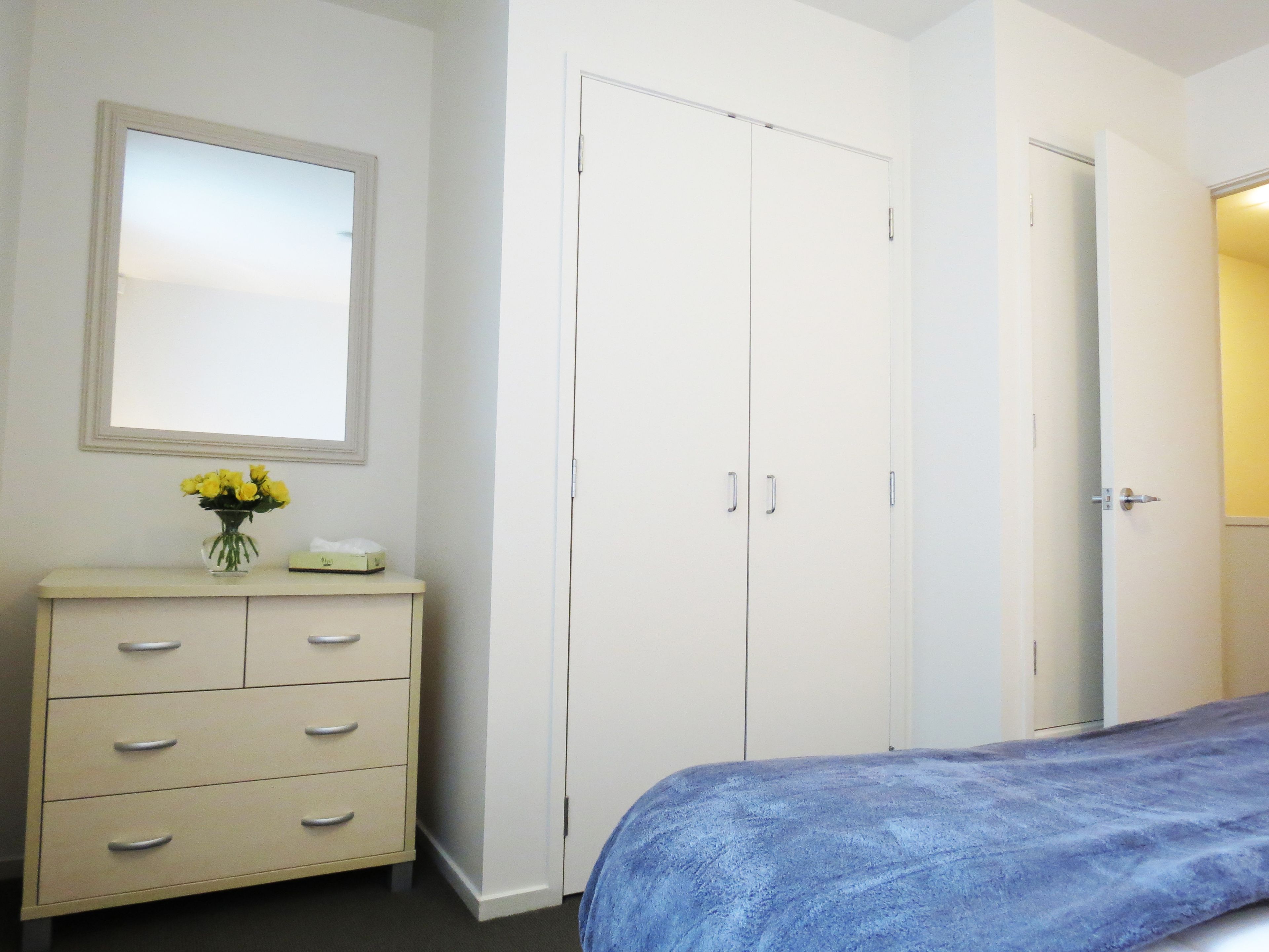 A bedroom with a bed, a dresser with drawers, a mirror, and a door.
