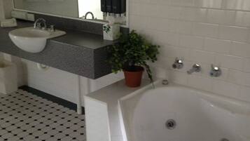 A bathroom with a white sink, a large bathtub, and a potted plant on the counter.