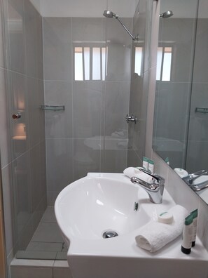 A modern bathroom with a white sink, a glass shower enclosure, and a large mirror.