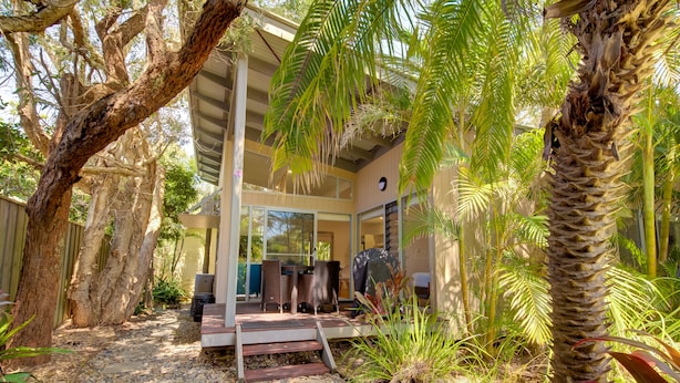 A modern house with a covered outdoor seating area, surrounded by tropical vegetation. - Mobys Beachside Retreat (Boomerang Beach)