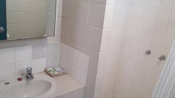 A bathroom with a white sink, mirror, and shower area.