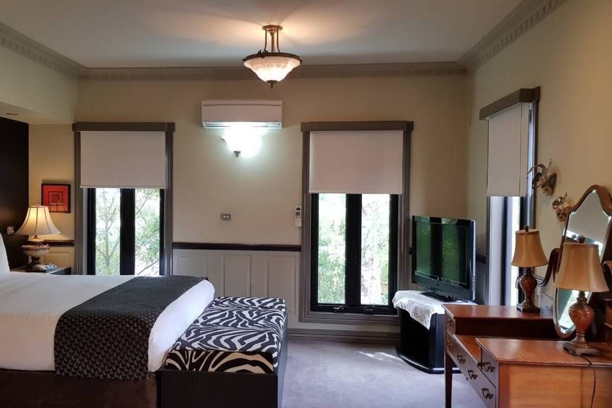 A hotel room with a large bed, a desk with a television, and a window with a view of trees.