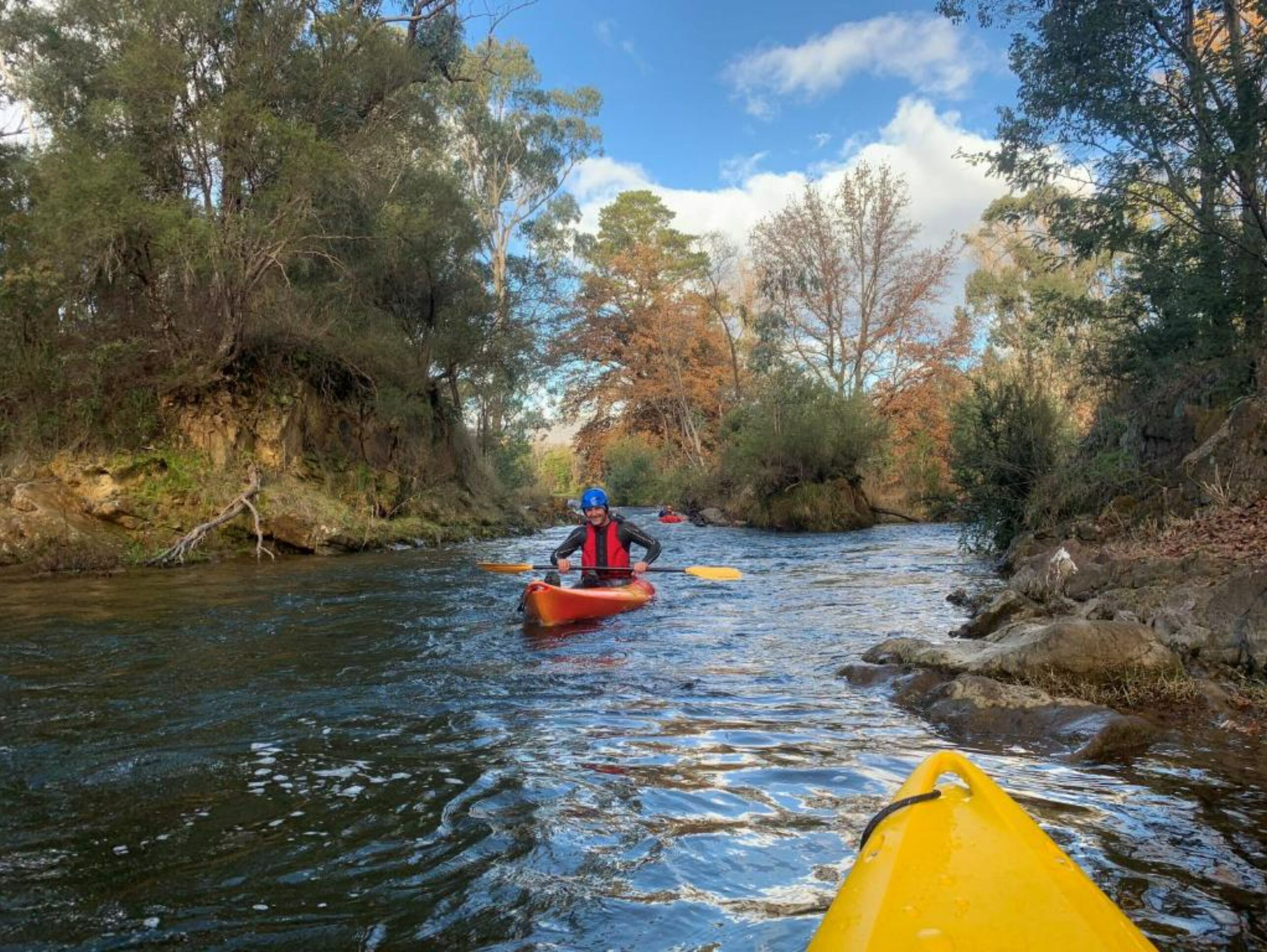 Un kayakiste sur une rivière bordée d’arbres.