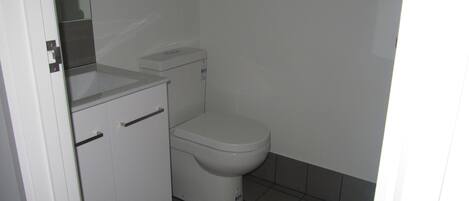 A small, clean bathroom with a toilet, a sink, and a cabinet.