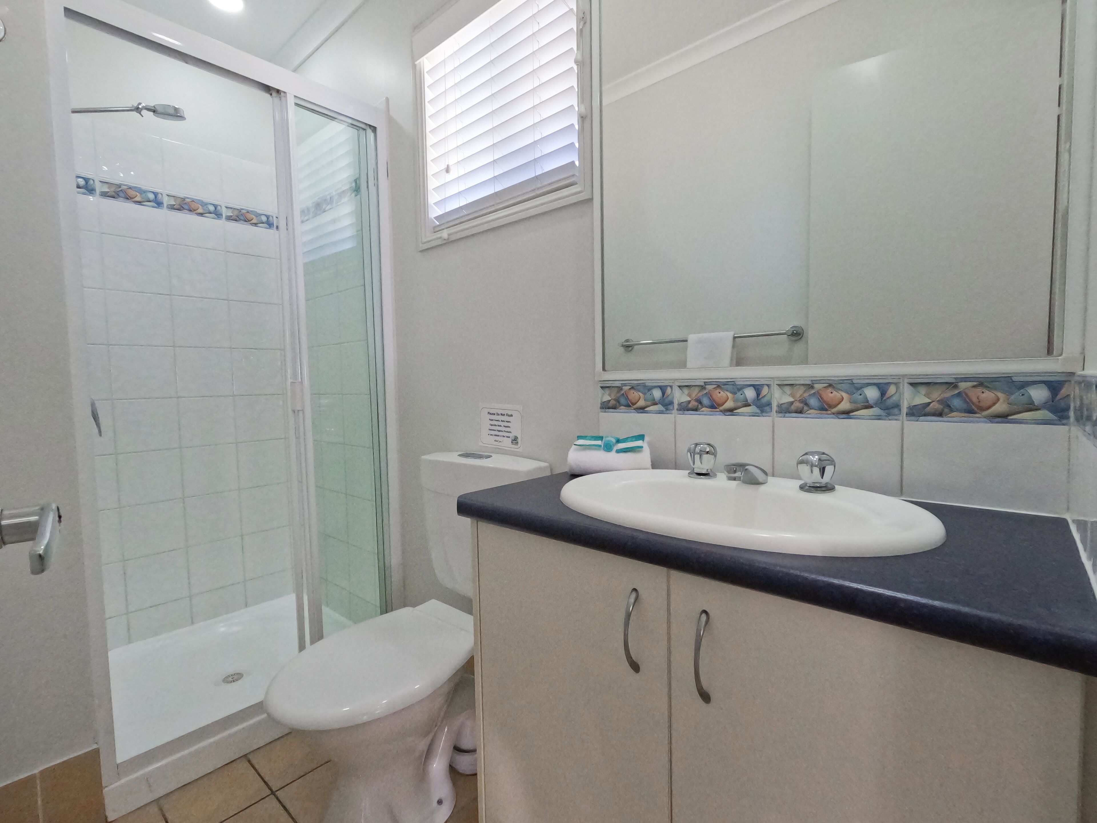 Un baño con ducha, inodoro, lavabo y espejo.