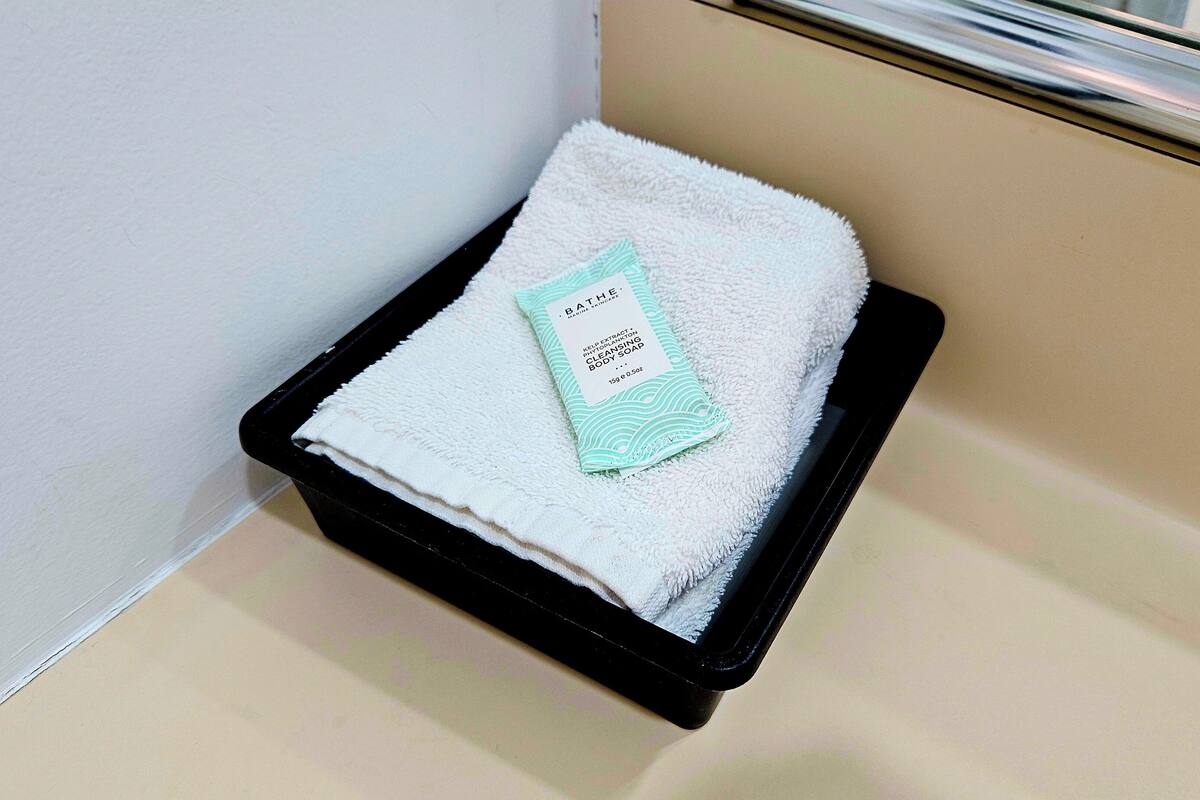 business studio | bathroom | shower, hair dryer, towels