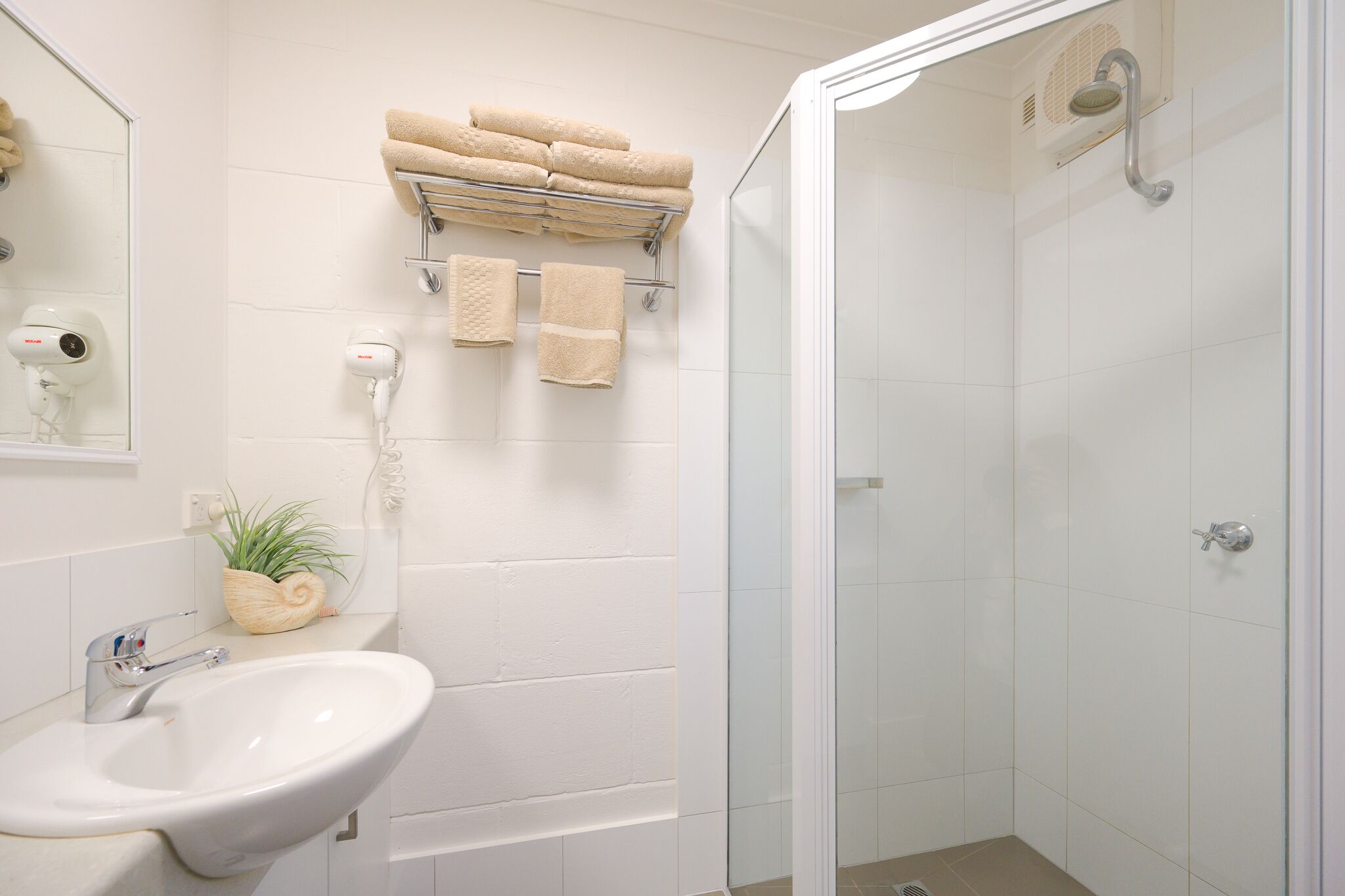 Een badkamer met een wastafel, twee haardroger, een handdoekrek met opgevouwen handdoeken, een potplant en een douche met glazen wanden.