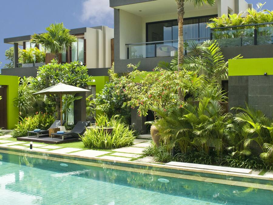 A modern pool area with lounge chairs, a small table, and a palm tree.