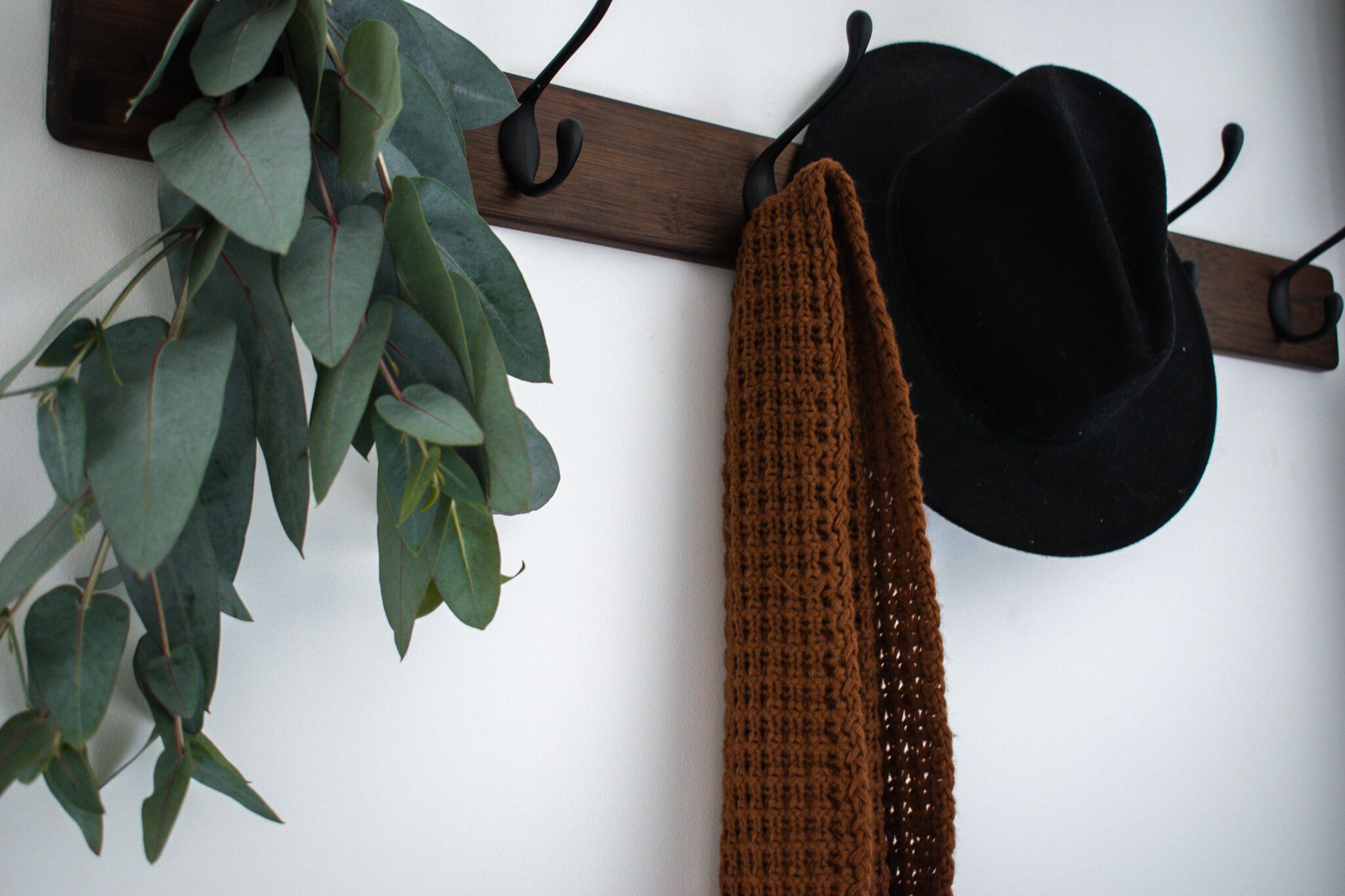 A wall-mounted coat rack with a black hat and a brown scarf.