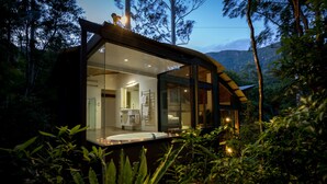 A modern, glass-enclosed cabin with a visible bathroom and a view of the surrounding forest. - Crystal Creek Rainforest Retreat (Upper Crystal Creek)
