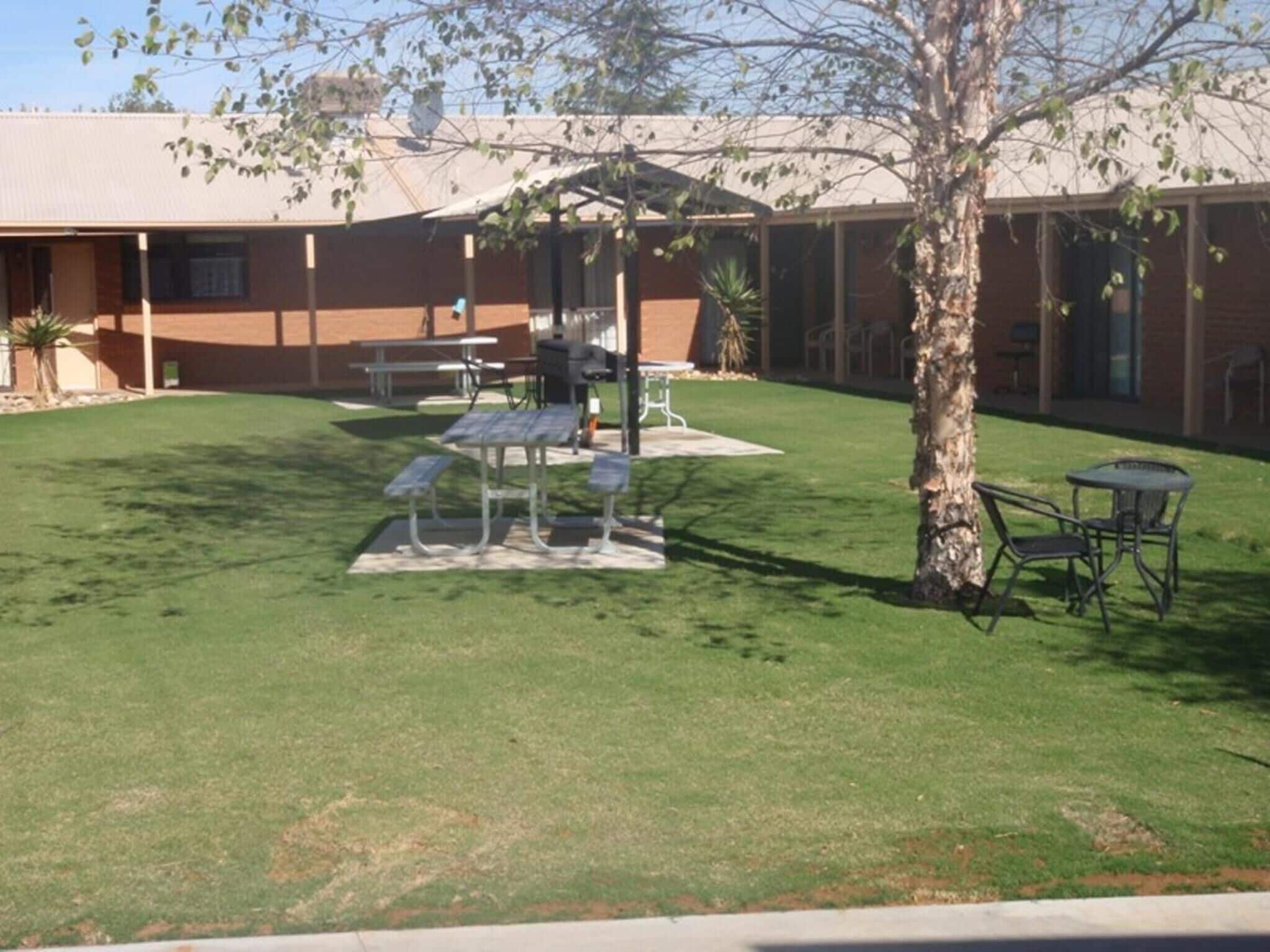 A courtyard with a picnic table, a barbecue grill, and a tree.