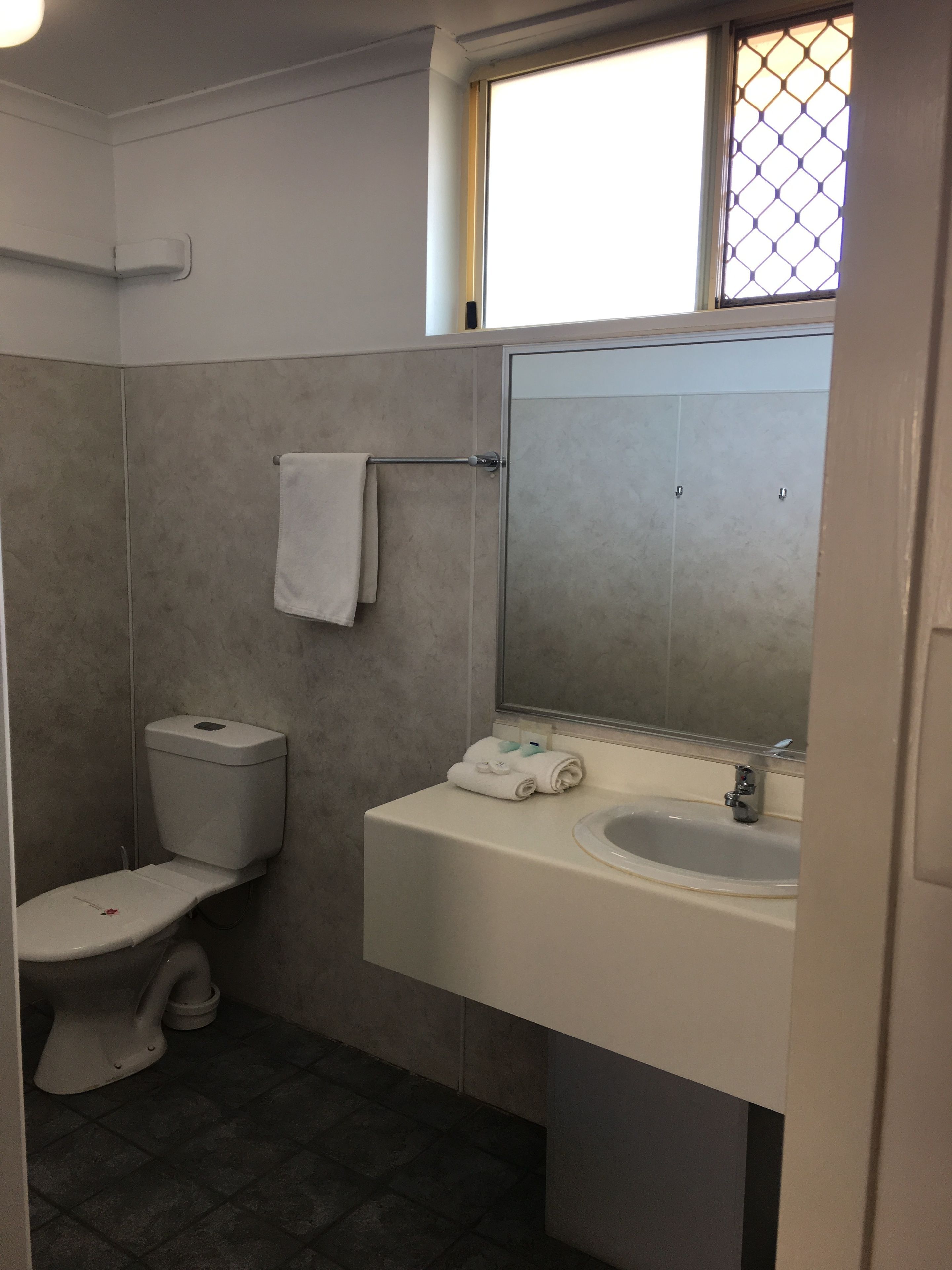 A bathroom with a toilet, sink, and a towel rack.