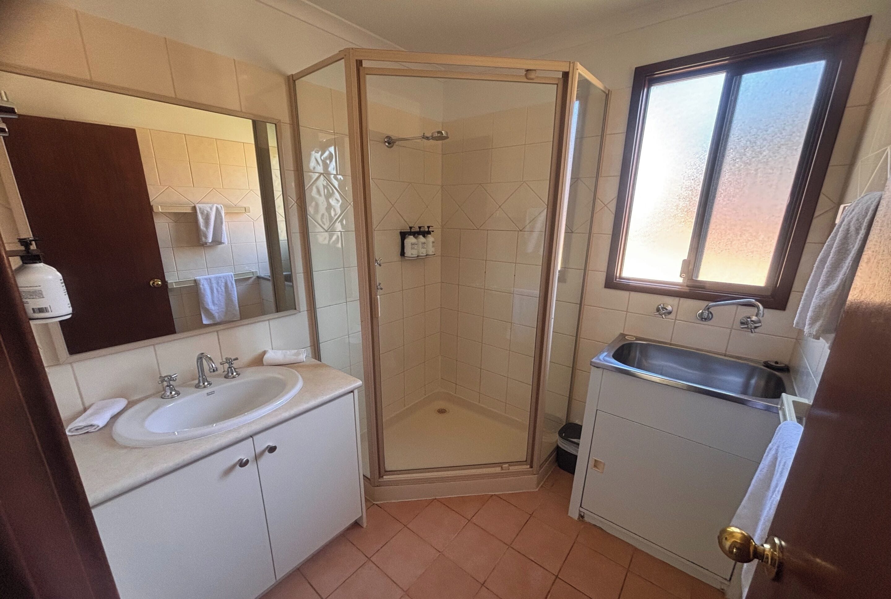 Un baño con ducha, lavabo y espejo.