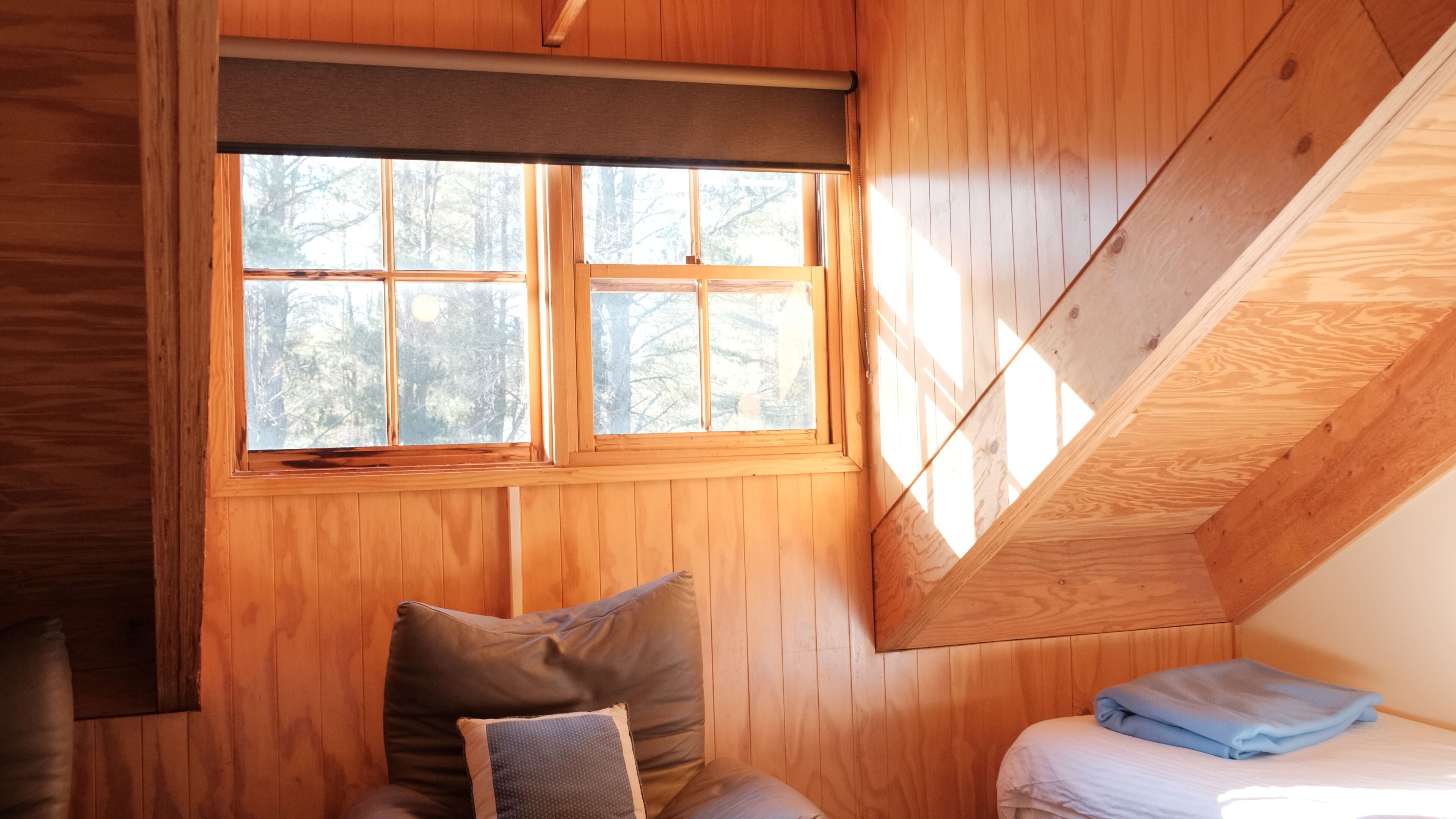A room with wooden walls, a window with a view of trees, a bed with a blue blanket, and a pillow.