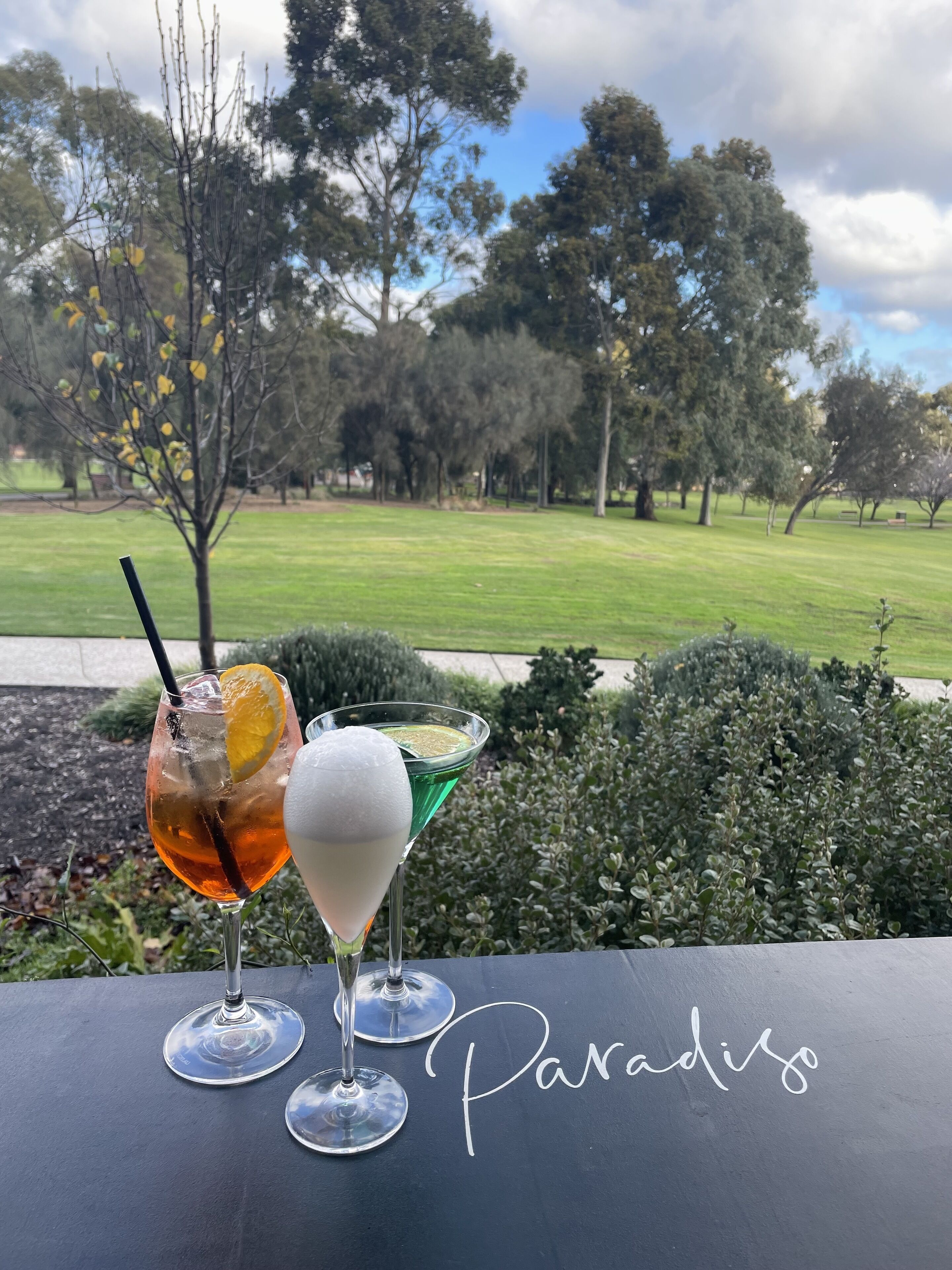 Two cocktails on a table with a view of a park and trees in the background.