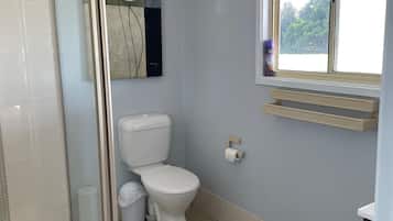 Ein Badezimmer mit Dusche, Toilette und einem Fenster mit Blick auf Bäume.