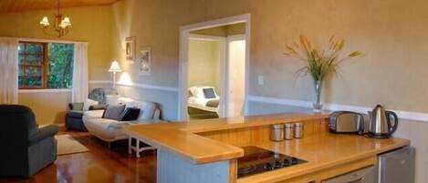 A compact living space with a kitchenette, a sofa, a dining table, and a chair.