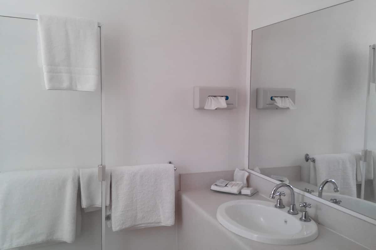 A modern bathroom with a large mirror, a sink, and two towel racks.