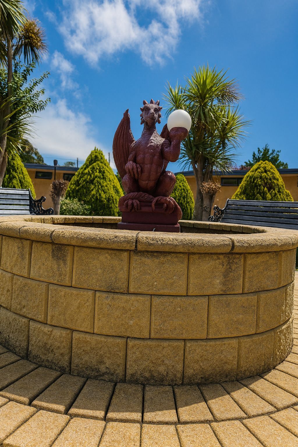 Een stenen fontein met een beeld van een gevleugeld wezen dat een wereldbol vasthoudt, omringd door een ronde stenen muur en banken.