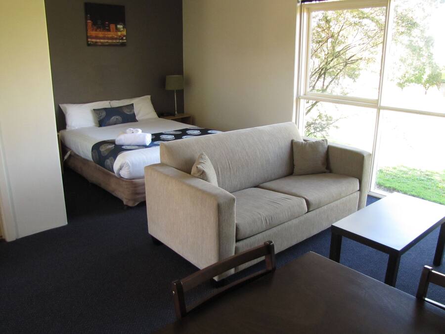 Habitación de hotel con cama, sofá, una mesita y ventana con vistas a árboles.