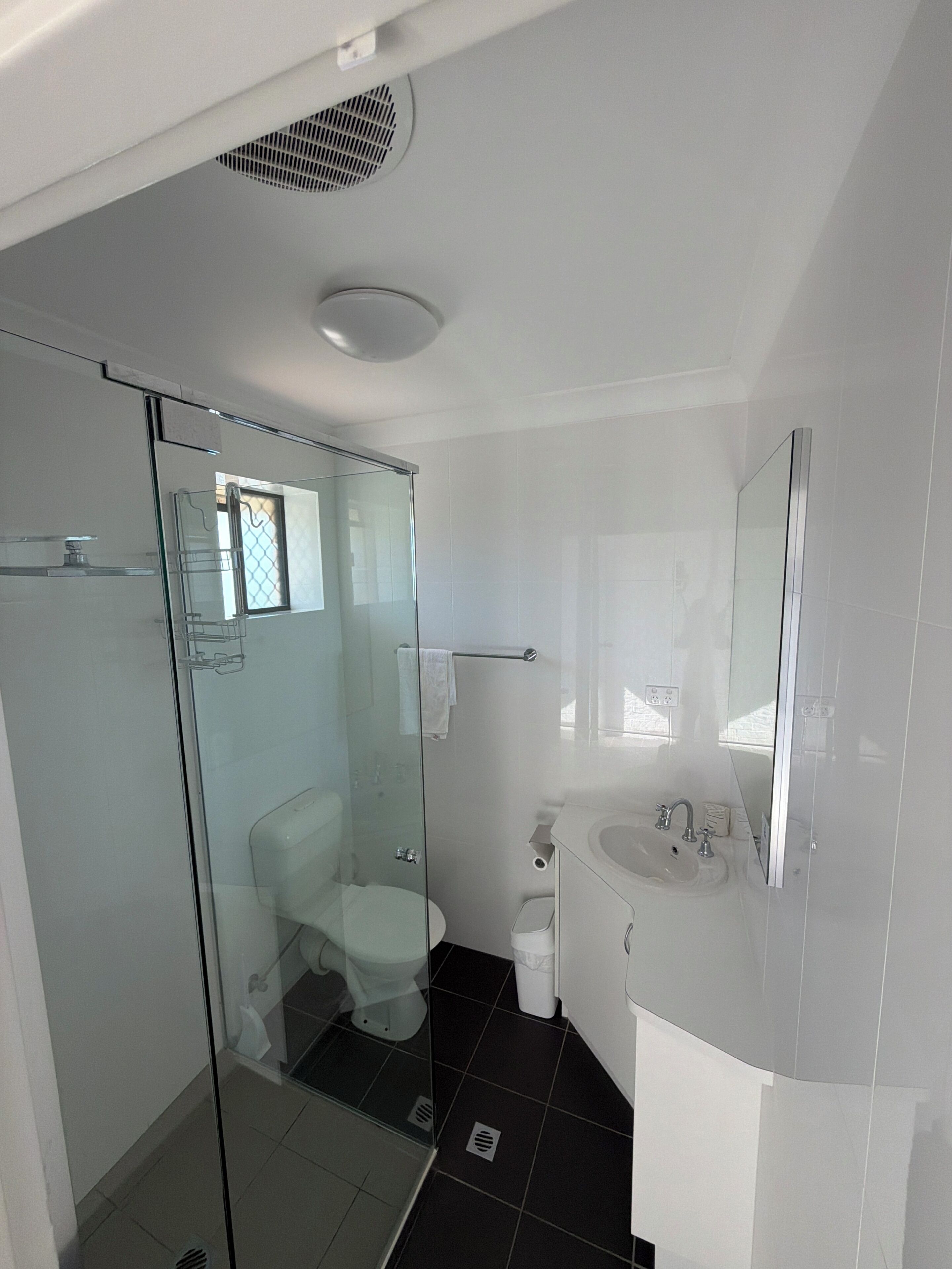 A modern bathroom with a glass shower enclosure, a white sink, and a large mirror.