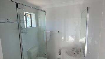 A modern bathroom with a glass shower enclosure, a white sink, and a large mirror.