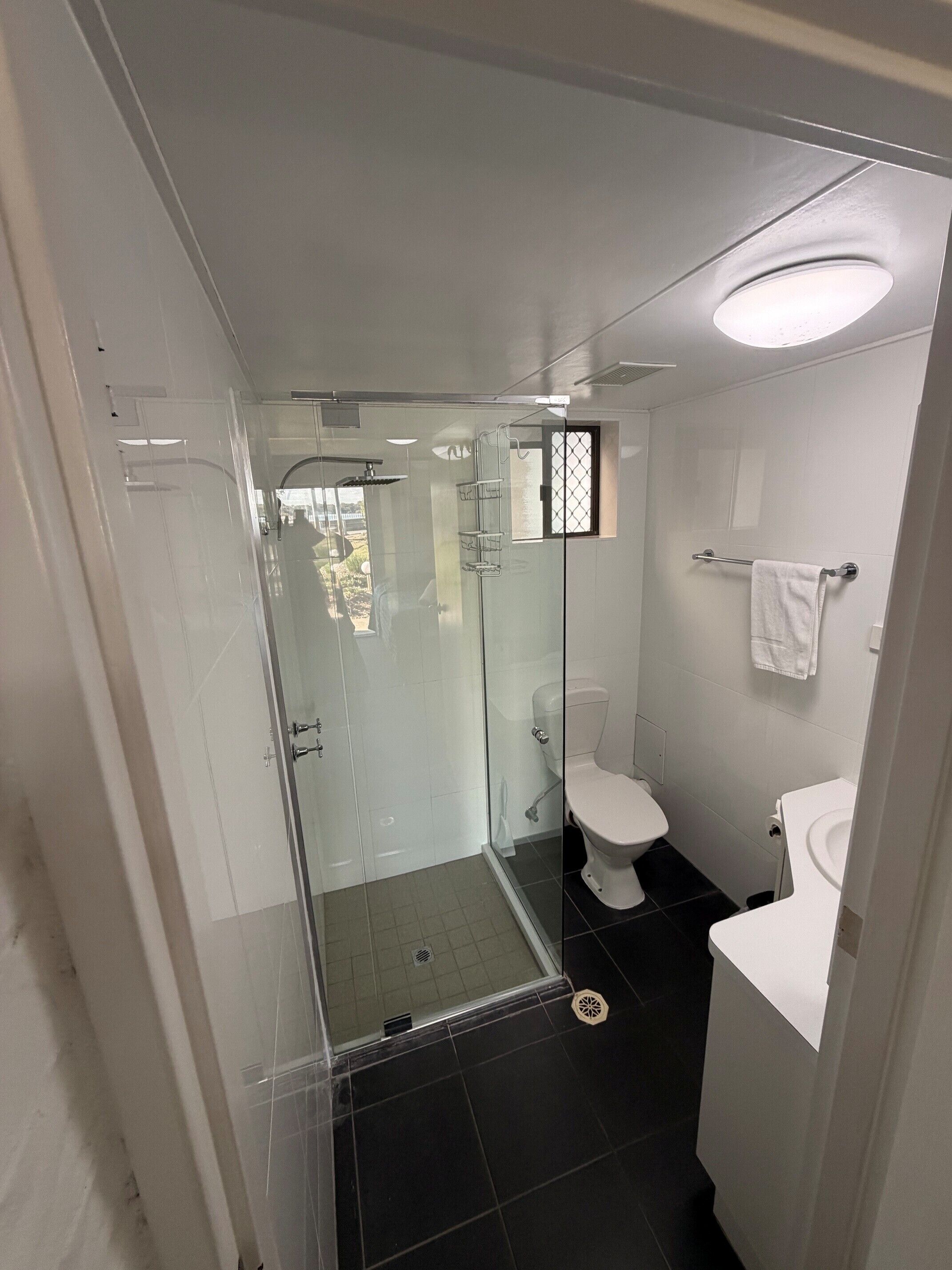 A modern bathroom with a glass-enclosed shower, a toilet, and a sink.