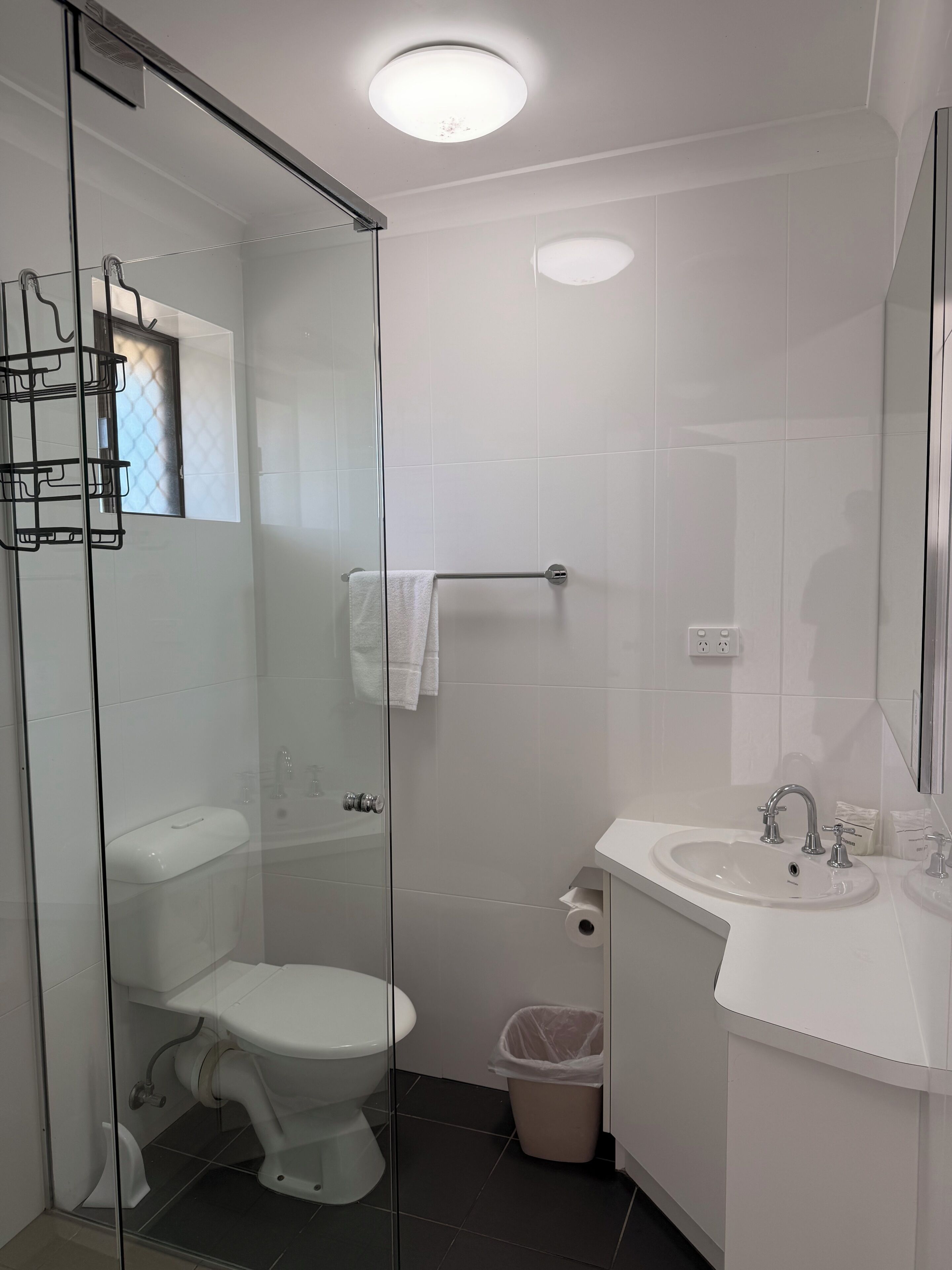Un baño con cabina de ducha de vidrio, inodoro blanco, lavamanos con espejo y un cubo de basura.