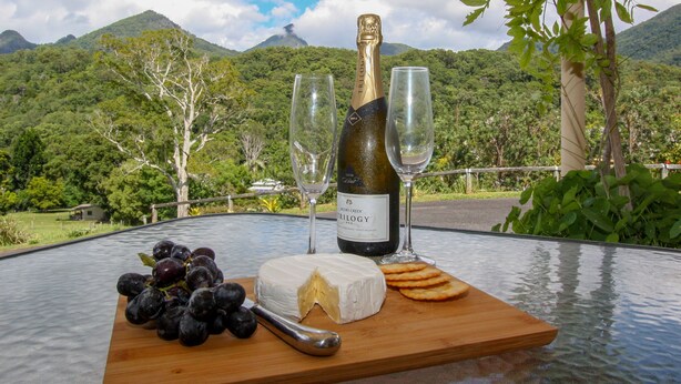 A table with a bottle of wine, two glasses, a piece of cheese, and grapes on a glass table with a mountainous landscape in the background. - A View of Mt Warning B&B (Dum Dum)