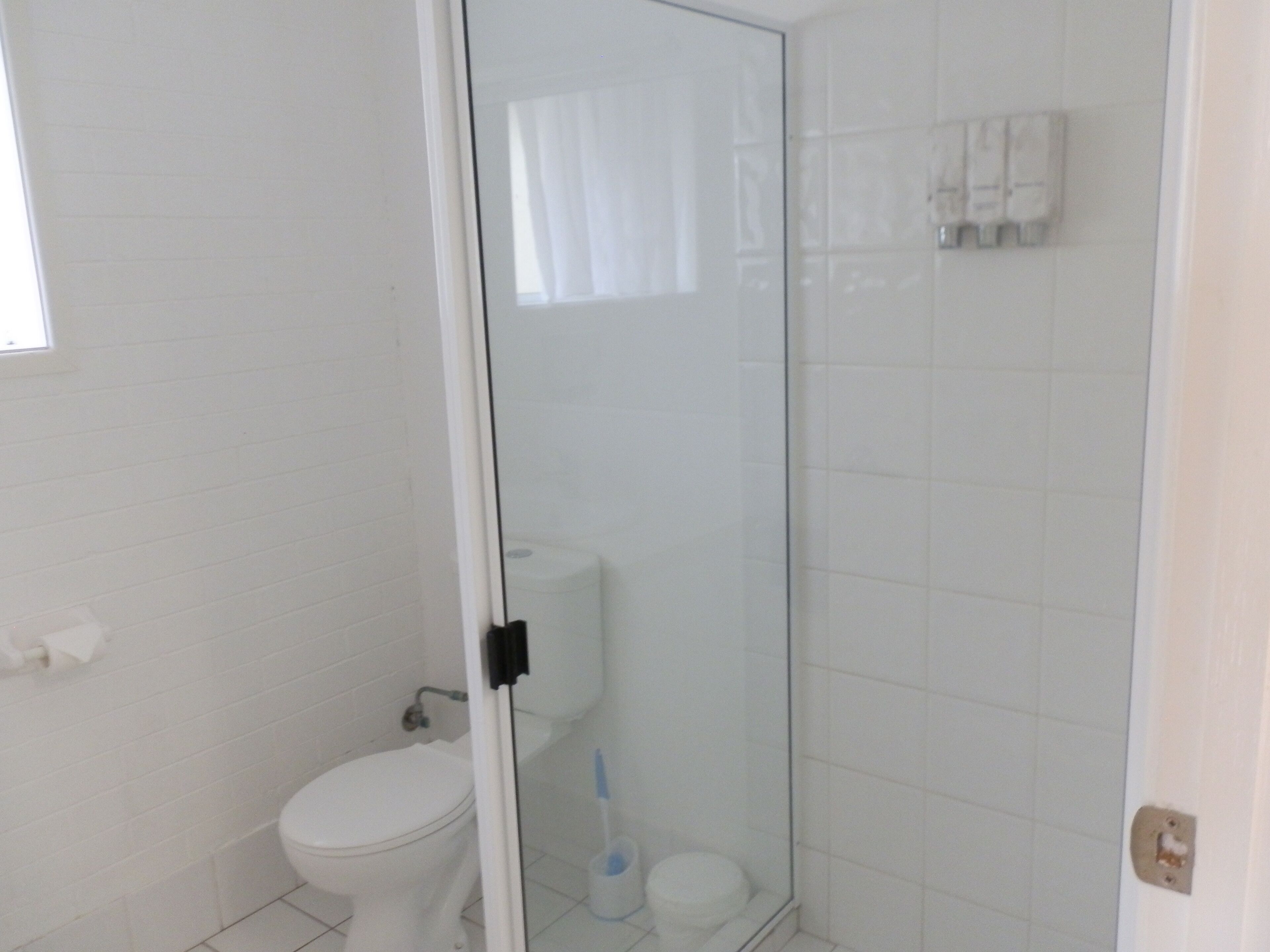 A bathroom with a toilet, a glass shower enclosure, and a white tiled wall.