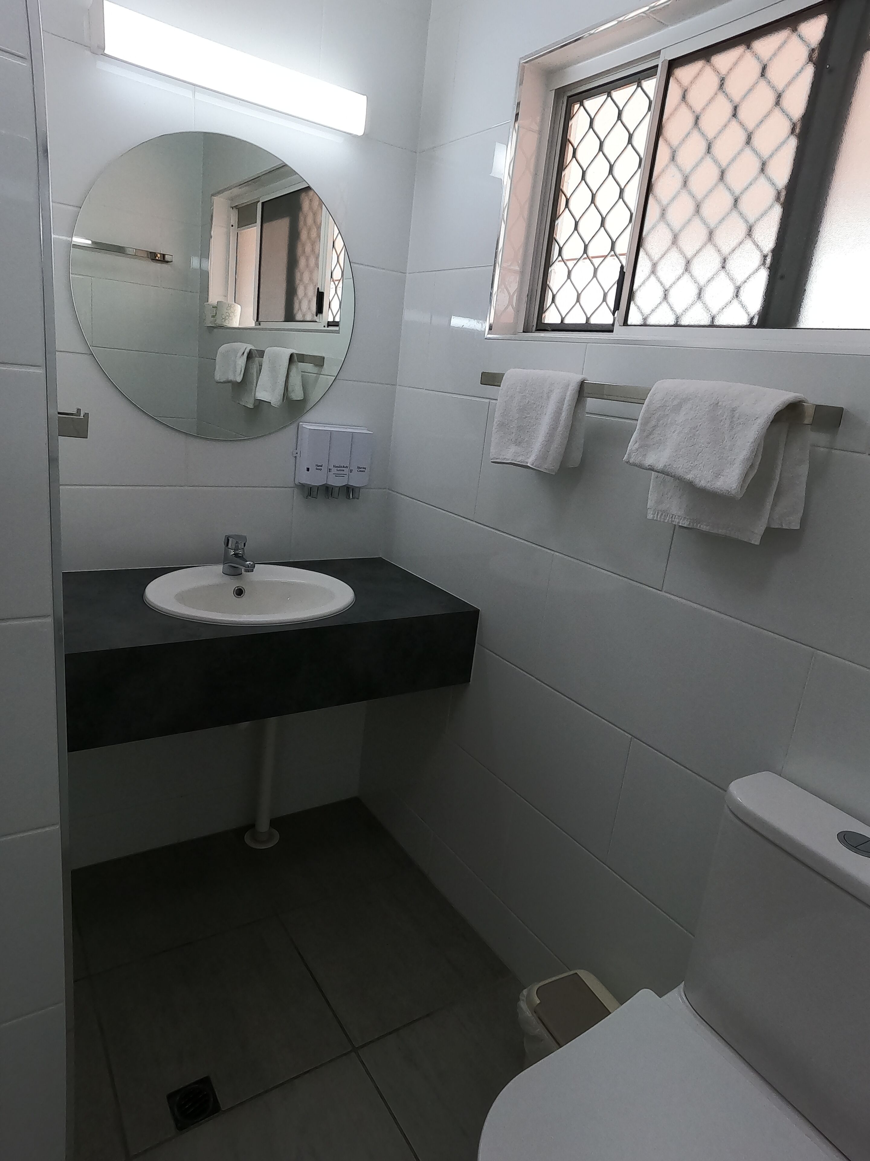 Un baño con un espejo redondo, un lavabo, un inodoro y una ventana con celosía metálica.