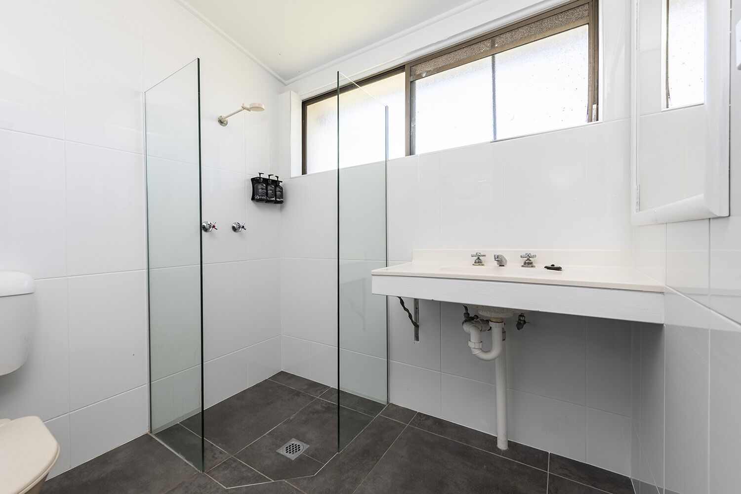 A modern bathroom with a glass-enclosed shower, a white sink with a mirror above, and a toilet.