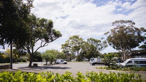 A parking lot with several vehicles, including a white van and a truck, surrounded by lush greenery and trees.