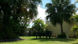 A grassy outdoor area with a table and chairs, surrounded by palm trees and a fence. - Golden Fountain Motel (Allenstown)