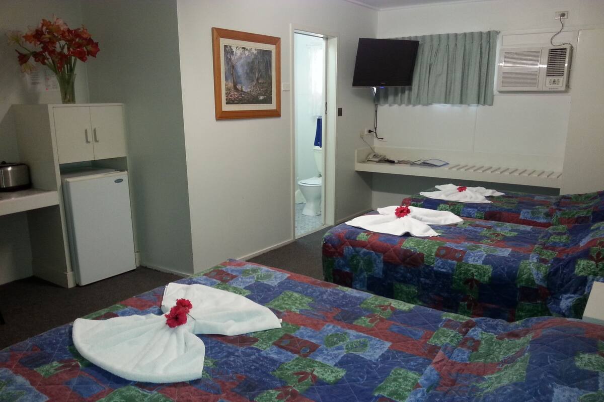 Hotellihuone, jossa on kaksi sänkyä, pieni keittokomero, seinällä taulu ja sängyn yläpuolella seinään kiinnitetty televisio.