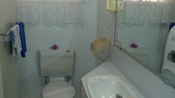 Un baño con inodoro, lavabo y espejo.