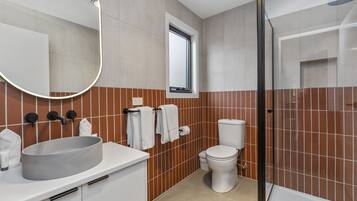 A modern bathroom with a large sink, toilet, and shower.
